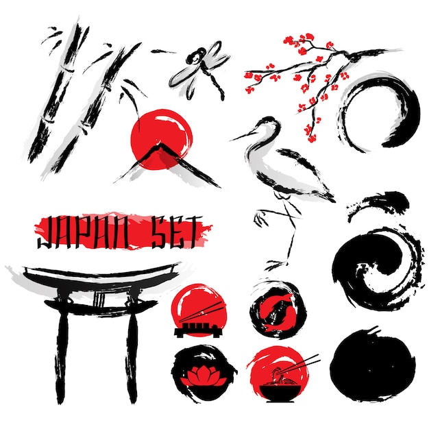 Set de iconos de pintura japonesa Sumie Ink