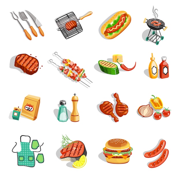 Set de iconos planos de accesorios de comida de barbacoa