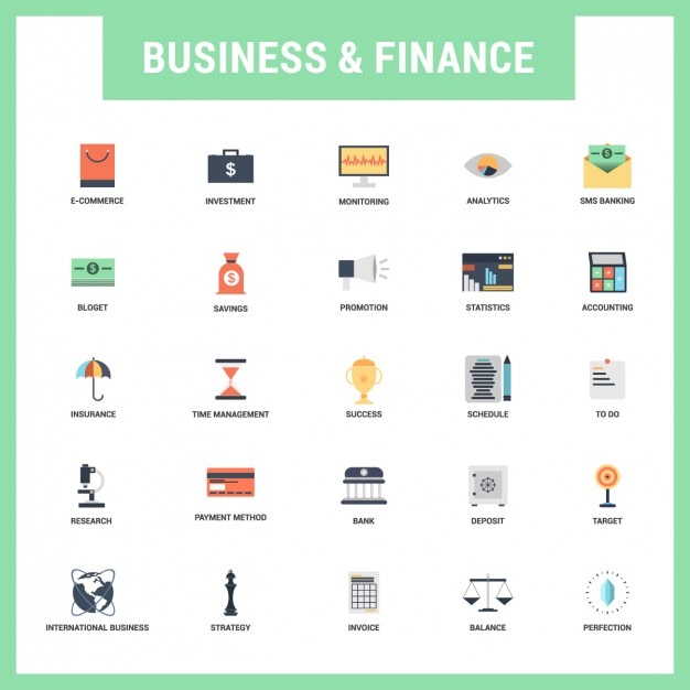 Set de iconos planos de negocios y finanzas