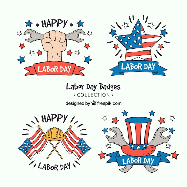 Set de insignias americanas del día del trabajo dibujadas a mano