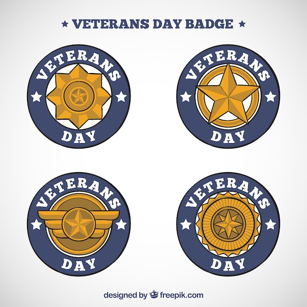 Vector gratuito set de insignias doradas del día de los veteranos