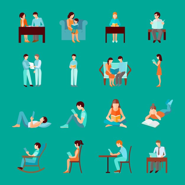 Set de lectura de personas sentadas y de pie
