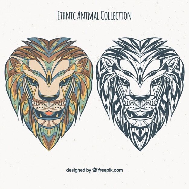 Set de leones étnicos en color y blanco y negro 