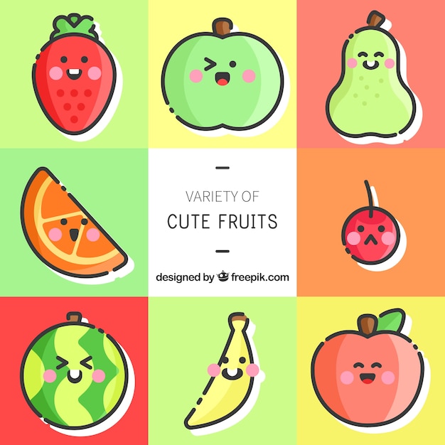 Vector gratuito set lindo de personajes de fruta con geniales expresiones