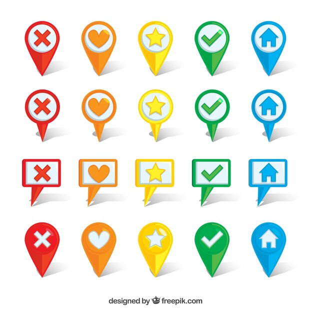 Set de localizadores de colores en diseño plano 