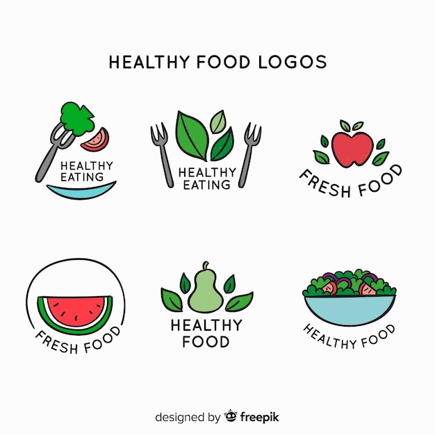 Vector gratuito set logos dibujados a mano comida sana