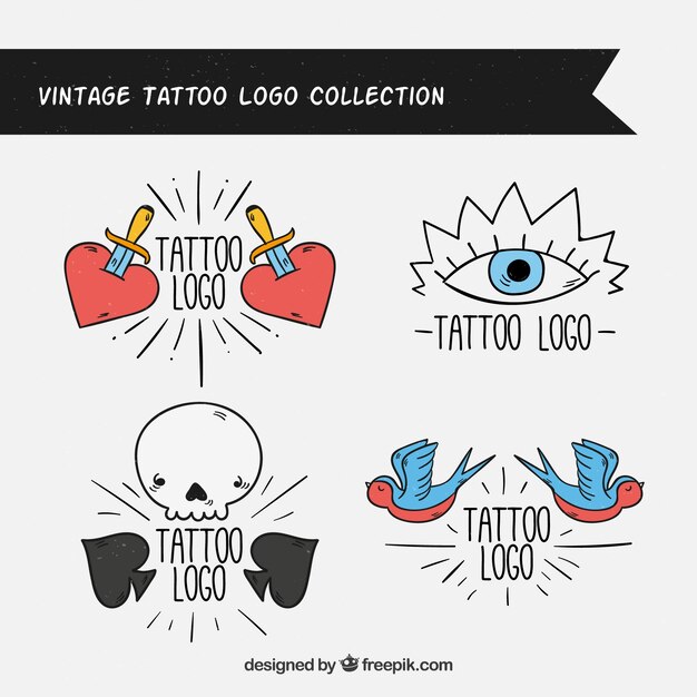 Set de logos de tatuajes retro dibujados a mano 