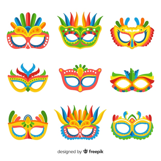 Máscaras y antifaz brillante de colores de carnaval sobre un fondo blanco  liso y aislado. Vista de frente y de cerca. Copy space Illustration Stock