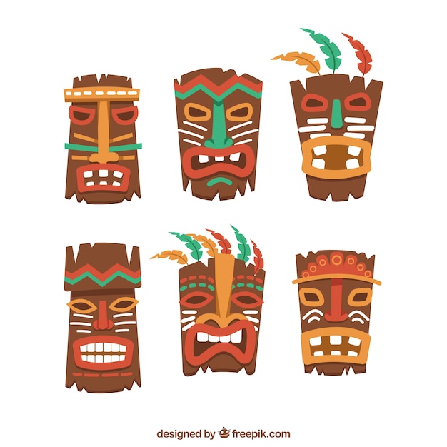 Vector gratuito set de máscaras tiki en diseño plano