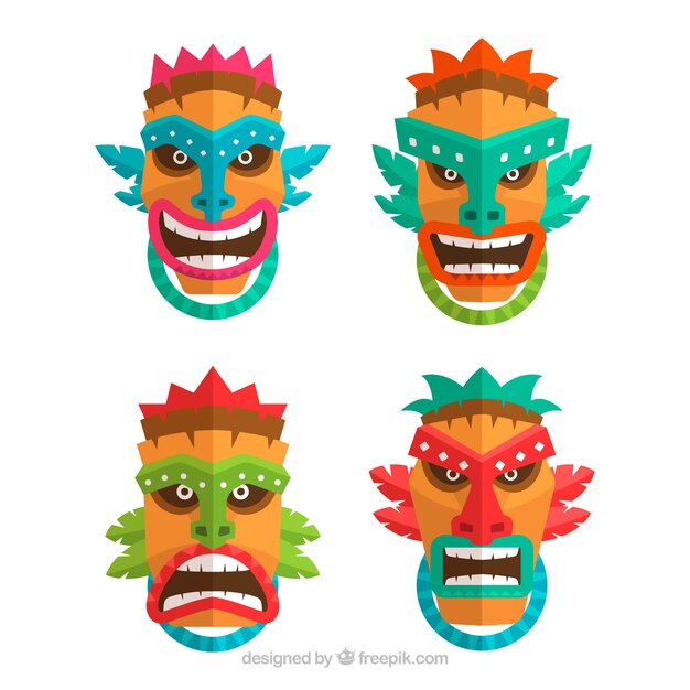 Set de máscaras tiki tribales en diseño plano 