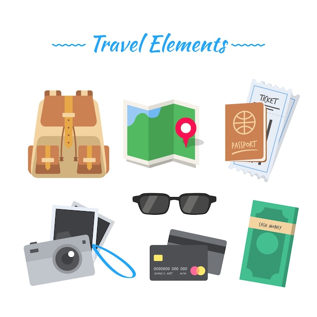 Vector gratuito set de mochila con elementos de viaje