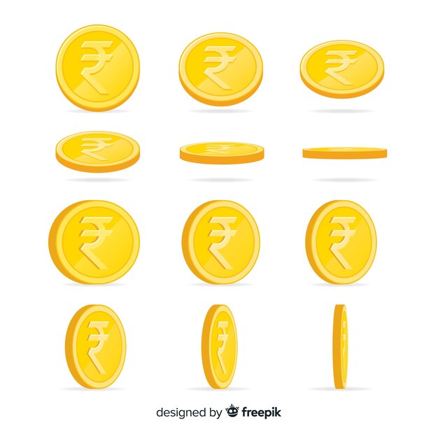 Set de monedas de rupias indias en diferentes posiciones