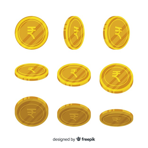 Set de monedas de rupias indias en diferentes posiciones