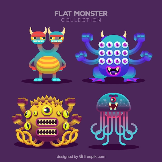 Vector gratuito set de monstruos graciosos en estilo plano