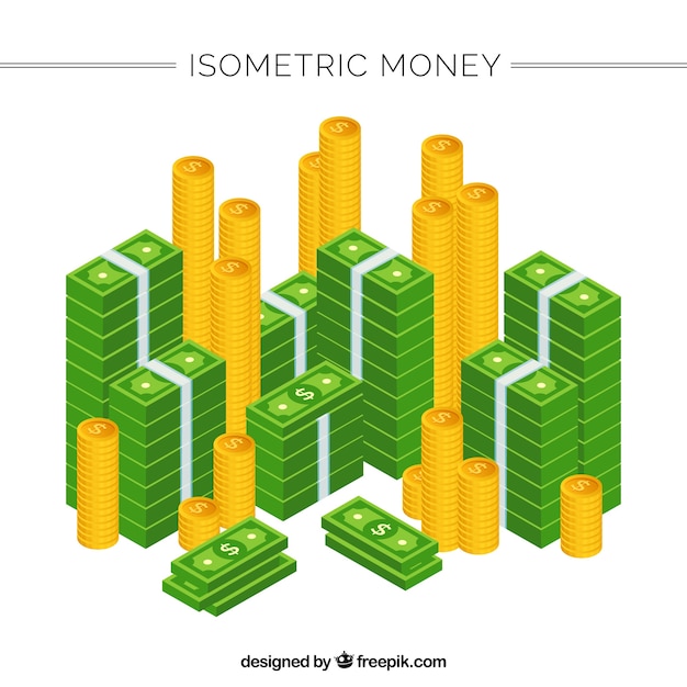 Set de montones de billetes y monedas isométricos