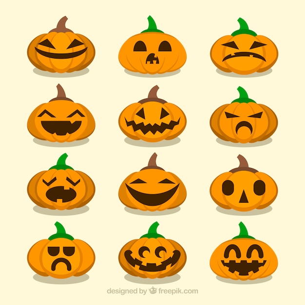 Set de muchas varias expresiones de calabaza de halloween