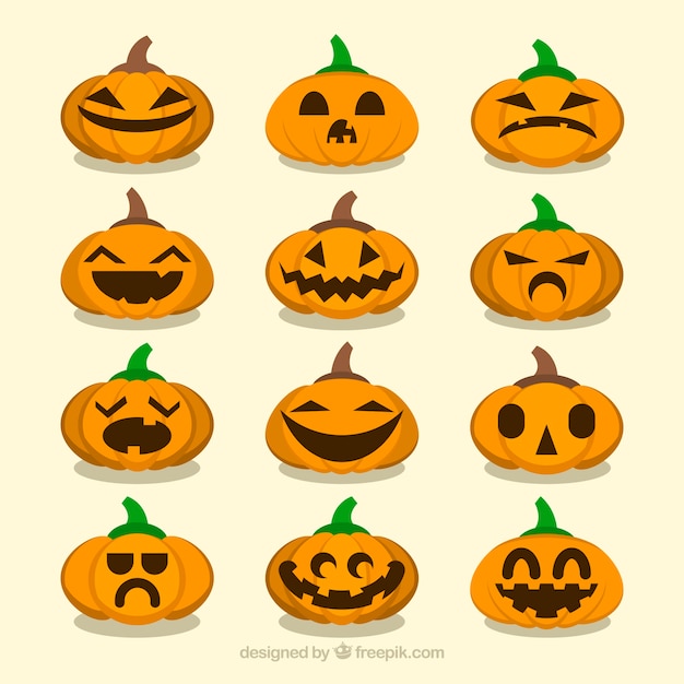 Vector gratuito set de muchas varias expresiones de calabaza de halloween