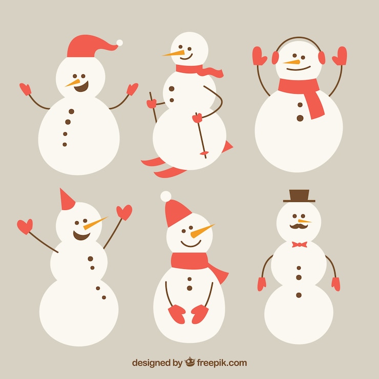 Vector gratuito set de muñecos de nieve con gorro y guantes