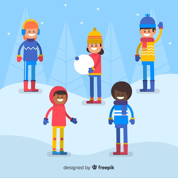 Vector gratuito set de niños en invierno