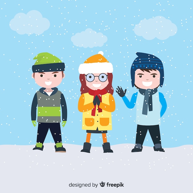 Vector gratuito set de niños en invierno