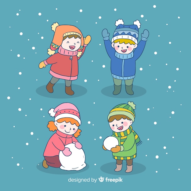 Vector gratuito set de niños en invierno