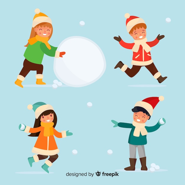 Vector gratuito set de niños en invierno