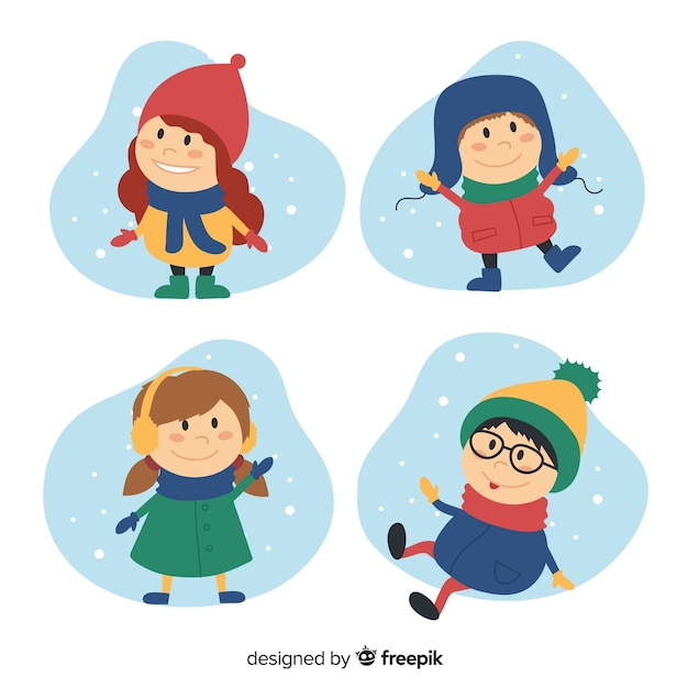 Vector gratuito set de niños en invierno