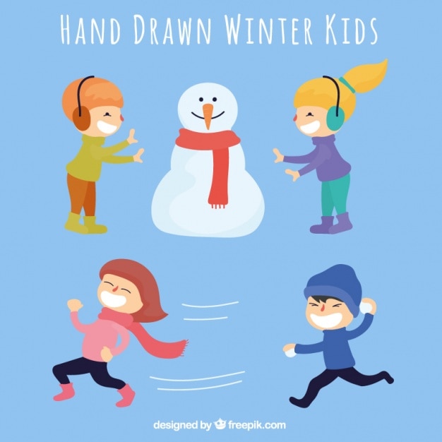 Vector gratuito set de niños jugando con un muñeco de nieve