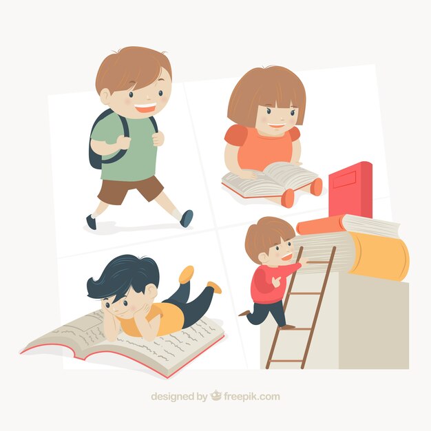 Vector gratuito set de niños con libros