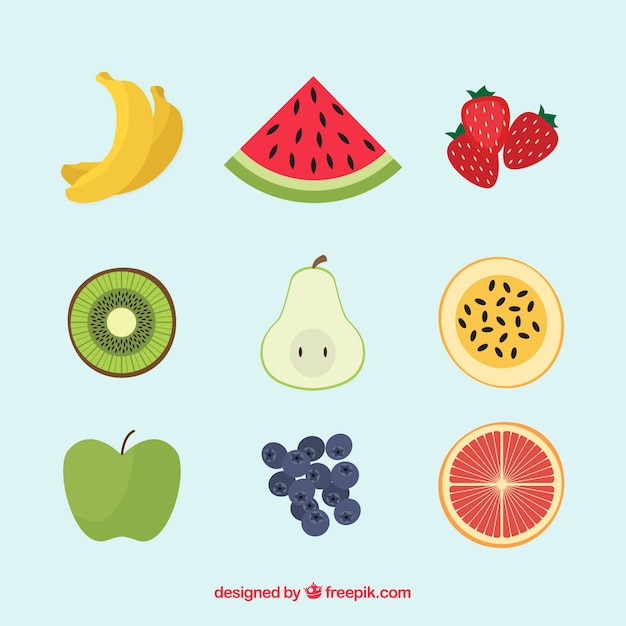 Vector gratuito set de nueve frutas sabrosas planas