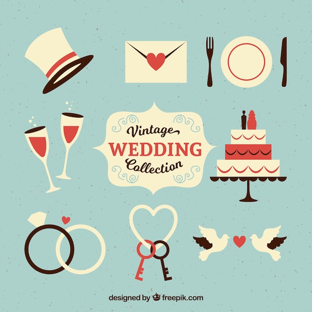 Vector gratuito set de objetos de boda vintage