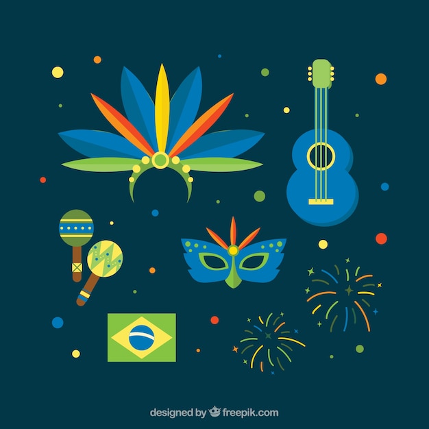 Vector gratuito set de objetos de carnaval de brasil en diseño plano