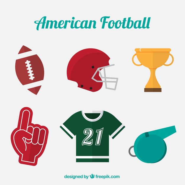 Set de objetos de fútbol americano en diseño plano 