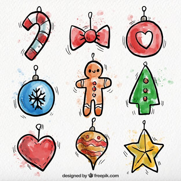 Set de ornamentos navideños de acuarela 