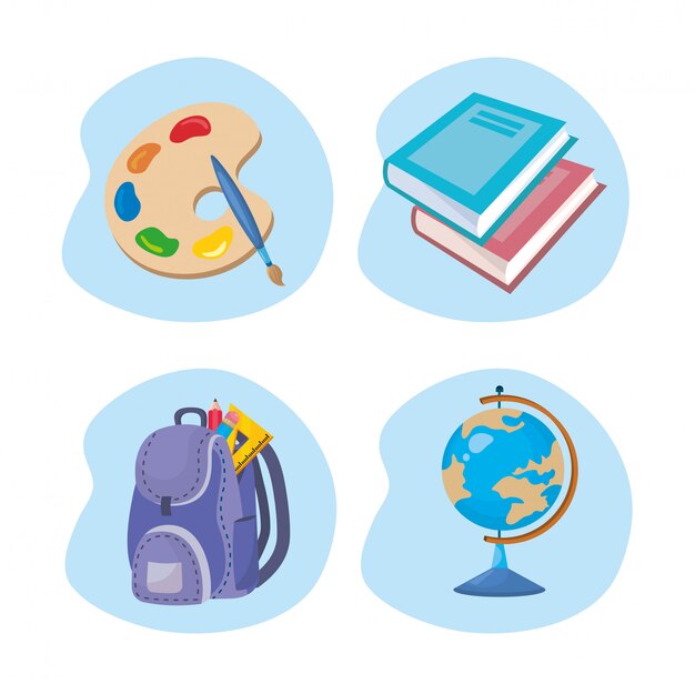 Set de paleta de arte con libros y mochila con mapa global.