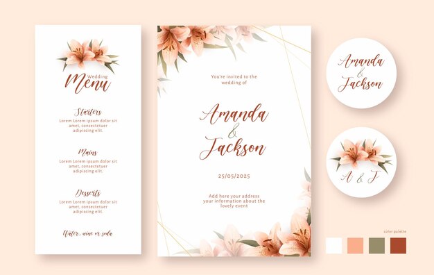 Set de papelería de boda en acuarela detallada con lirios