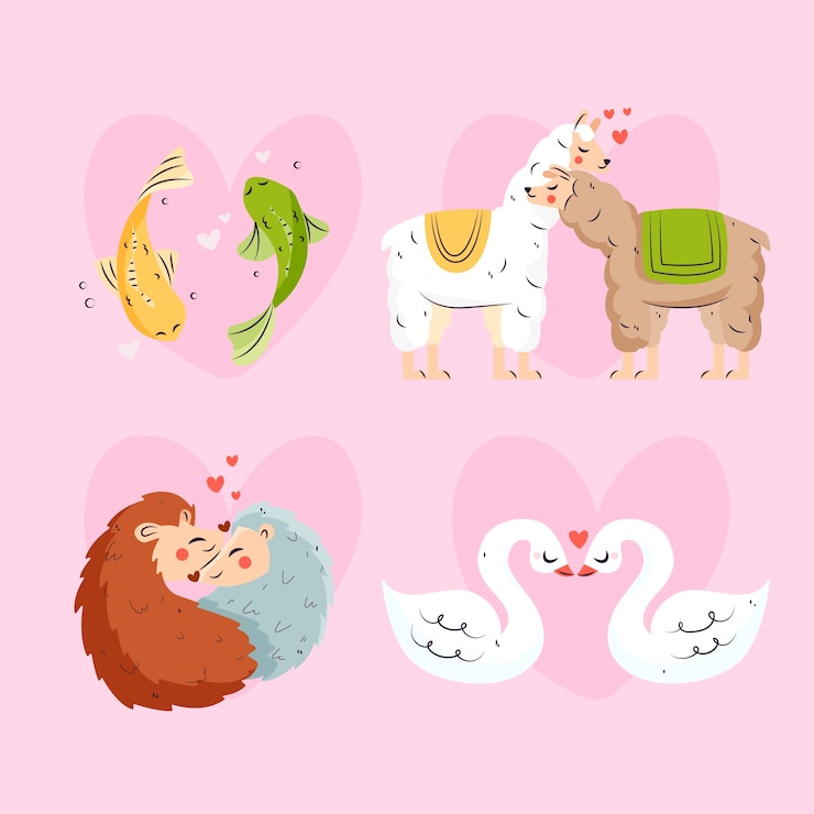 Vector gratuito set de parejas de animales en san valentín