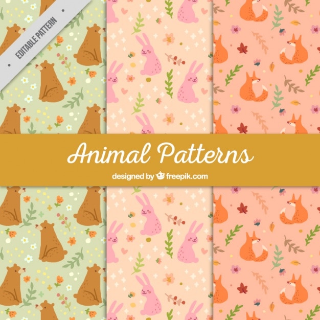 Set de patrones de adorables animales dibujados a mano 