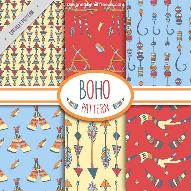 Set de patrones decorativos con elementos de colores en estilo boho