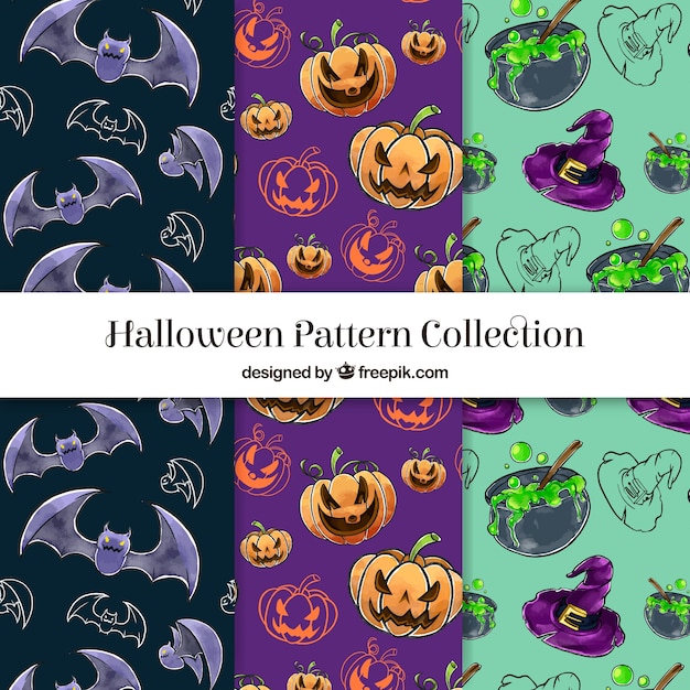 Vector gratuito set de patrones de dibujos de halloween de acuarela