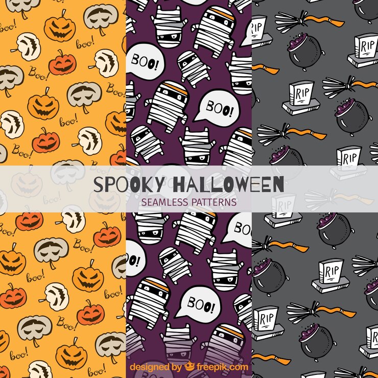 Vector gratuito set de patrones con dibujos de halloween