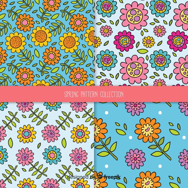 Set patrones florales primavera dibujos animados
