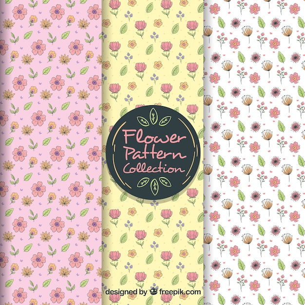 Set de patrones de flores coloridas en estilo hecho a mano