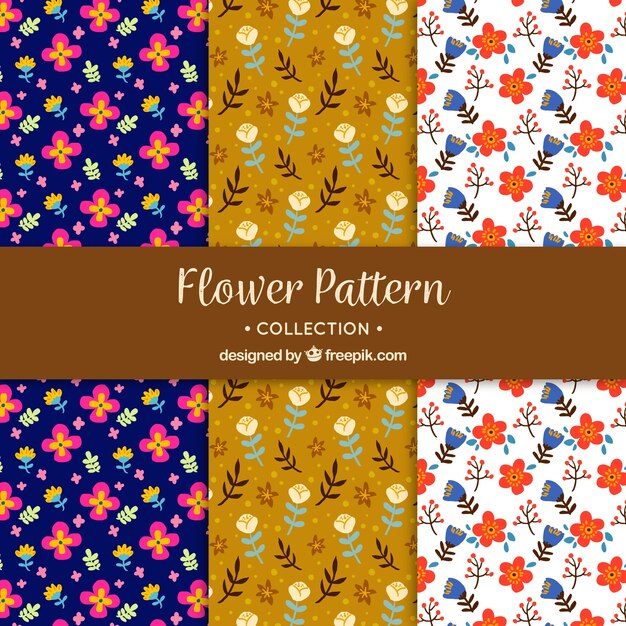 Set de patrones de flores coloridas en estilo hecho a mano