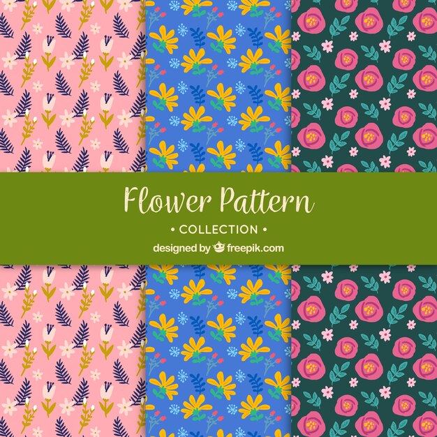 Set de patrones de flores coloridas en estilo hecho a mano