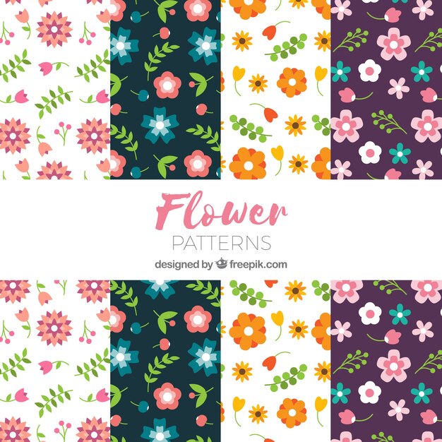 Set de patrones de flores coloridas en estilo plano