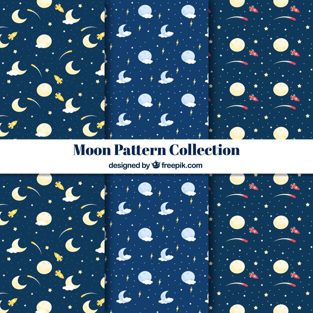 Set de patrones de luna con estrellas y cohetes 