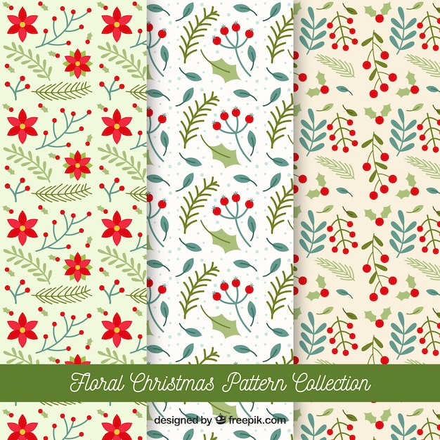 Set de patrones de navidad con flores dibujadas a mano 