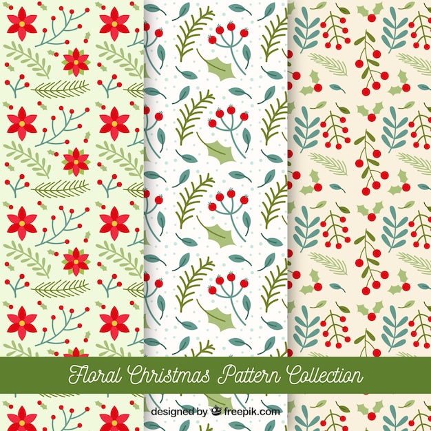 Vector gratuito set de patrones de navidad con flores dibujadas a mano