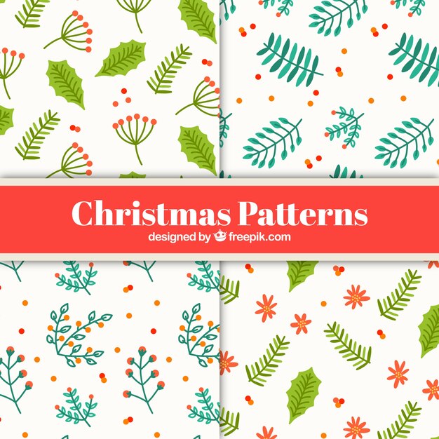 Set de patrones navideños con hojas y flores dibujadas a mano